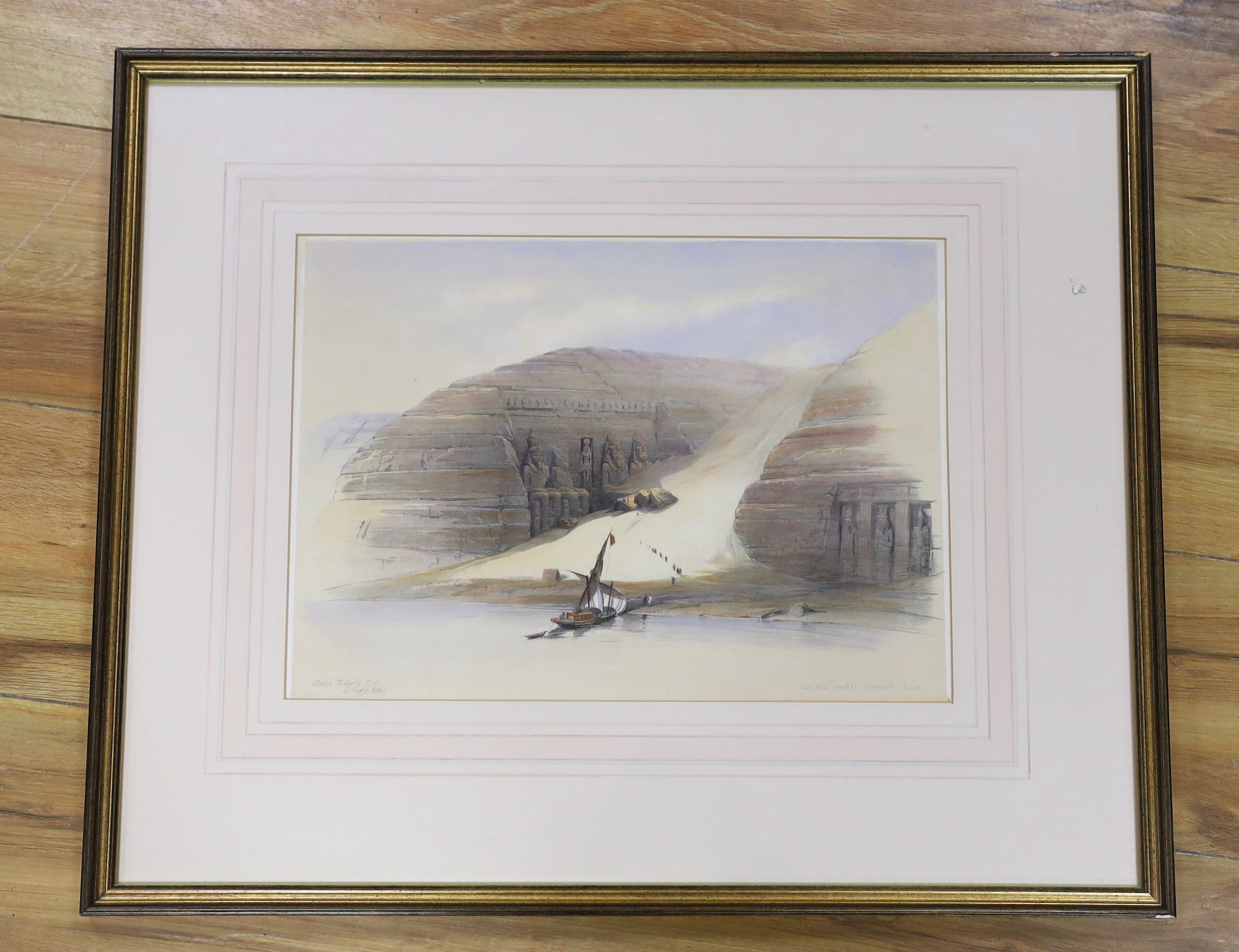 David Roberts (Scottish, 1796-1864), colour lithograph, 'Excavated temples of Abu Simbel', 26 x 36cm